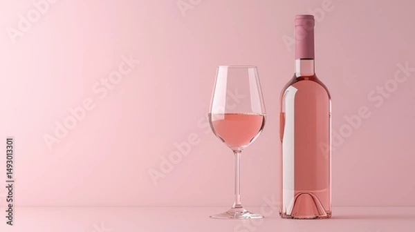 Obraz stylish blank rose wine bottle and an empty wineglass mockup placed on a soft pink background, ready to showcase your branding ideas.