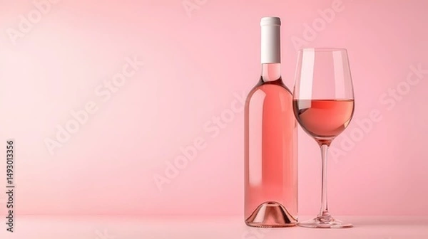 Obraz stylish blank rose wine bottle and an empty wineglass mockup placed on a soft pink background, ready to showcase your branding ideas.