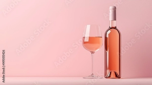Obraz stylish blank rose wine bottle mockup with a wineglass, set against a pastel pink background for creating personalized wine packaging.