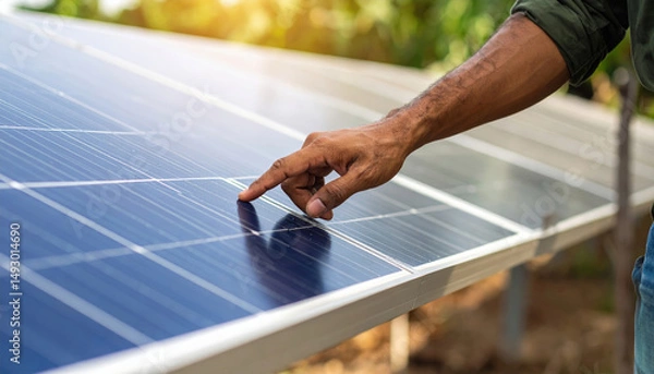 Fototapeta Person is inspecting solar panel in rural area showing entrepreneurship in sustainable energy with sunlight reflecting on surface