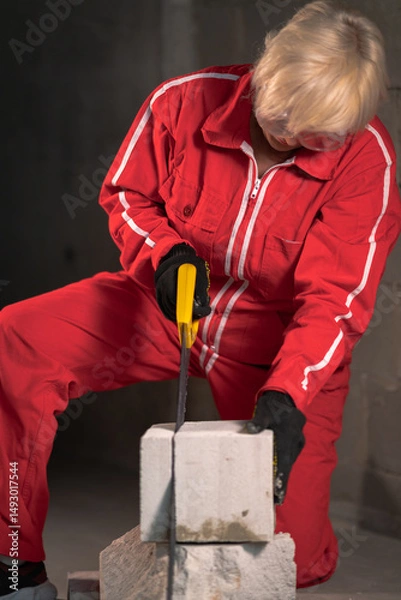 Obraz The process of cutting foam concrete.