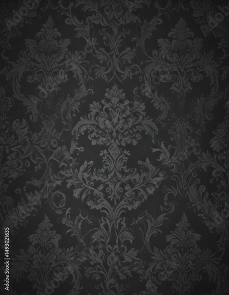 Fototapeta Subtle grey damask on charcoal, shadowy gothic elegance, background, shadow