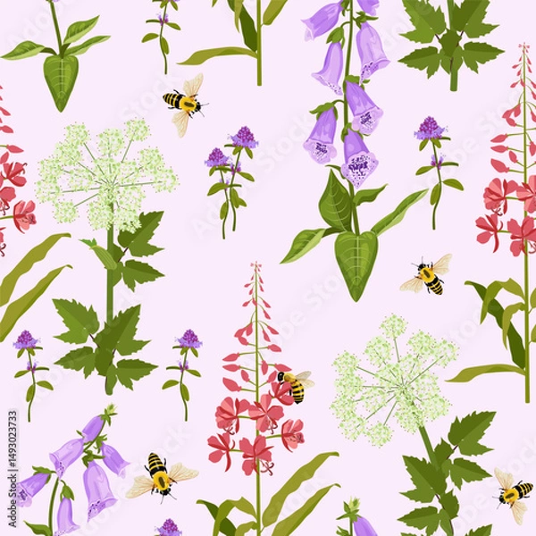 Fototapeta Excellent seamless pattern with wild flowers and bees. For decoration textile, packaging. Vector illustration.