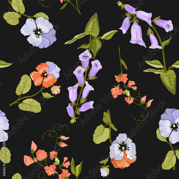 Fototapeta Excellent seamless pattern with wild flowers on a black background. For decorating textiles, packaging.
