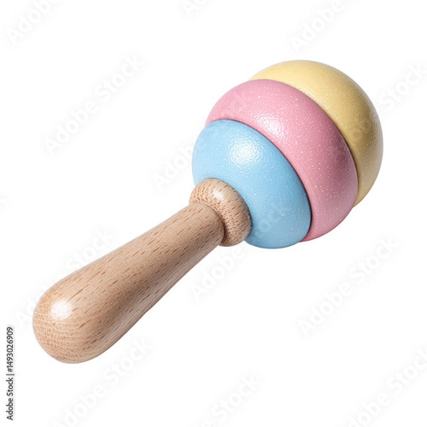 Fototapeta Colorful wooden rattle designed for infants, featuring pastel colors and smooth handle