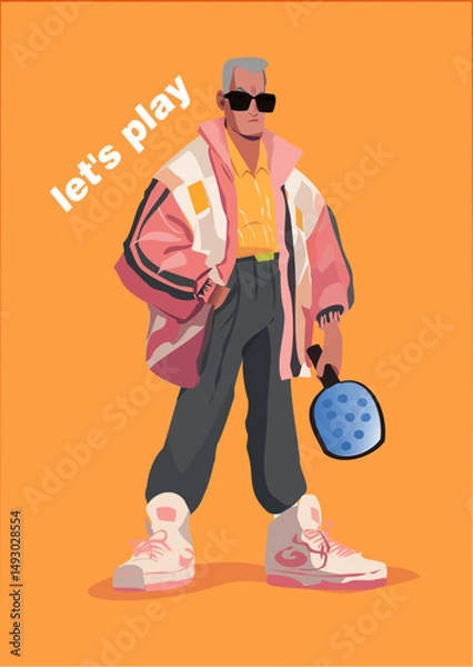 Obraz Elderly man with pickleball racket