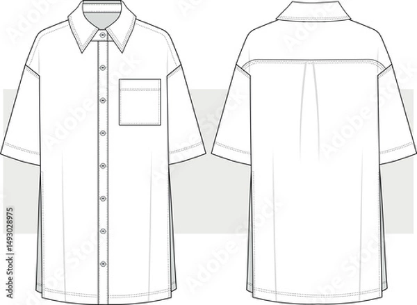 Obraz Women's basic midi shirt dress fashion technical drawing, flat sketch, illustration. Summer beach dress, vector. Front and back view, Cad, Mockup.