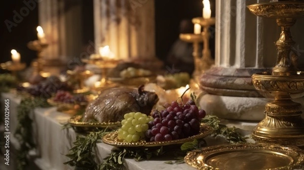 Obraz Ancient Feast: A Lavish Table Setting Under Candlelight