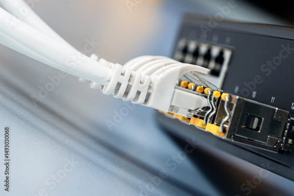 Obraz Network infrastructure components, switch with connected cable