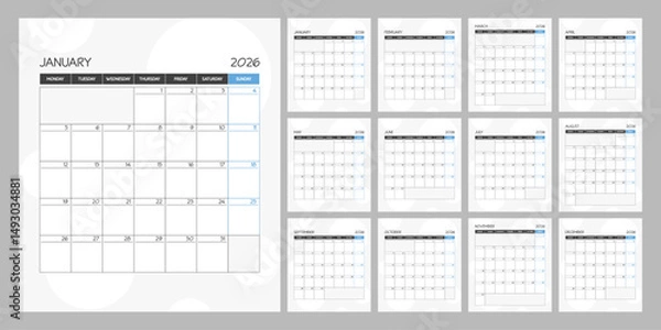 Obraz Monthly calendar blue square planner schedule for 2026 year. Week Starts on Monday
