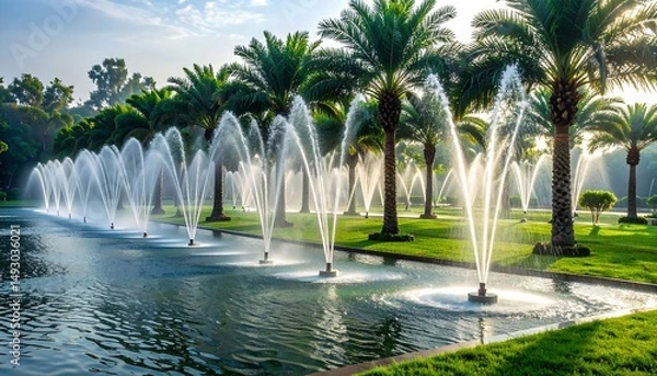 Fototapeta Majestic Palm Trees with Water Jets Spraying in a Lush Green Landscape Under Ambient Light