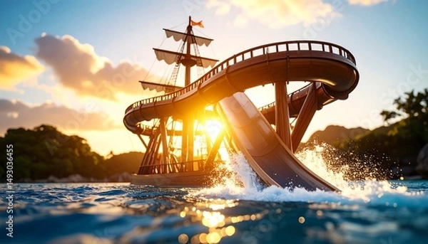 Fototapeta Modern Waterslide Emerging from Pirate Ship Structure Against a Beautiful Sunset with Bright Light