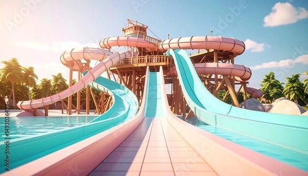 Fototapeta Playful Waterslide Structure with Pastel Colors Against a Moody Sky and Lush Tropical Background