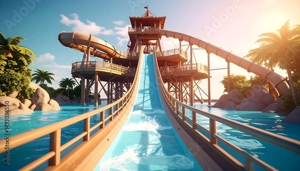 Fototapeta Colorful Waterslide Emerging from a Pirate Ship Structure in a Soft Pastel Aesthetic under Moody Shadows