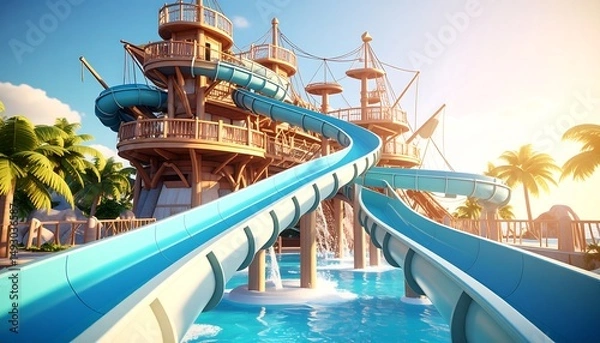 Fototapeta Playful Waterslide Adventure from a Pirate Ship Structure in Soft Pastel Aesthetic and Moody Shadows