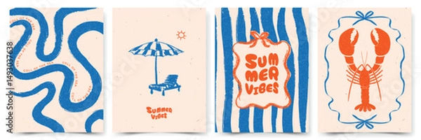 Fototapeta Set of Abstract summer Mediterranean posters, cards templates with lobster, beach chair with umbrella, and typography design. Modern trendy design for branding, ads, print, decor