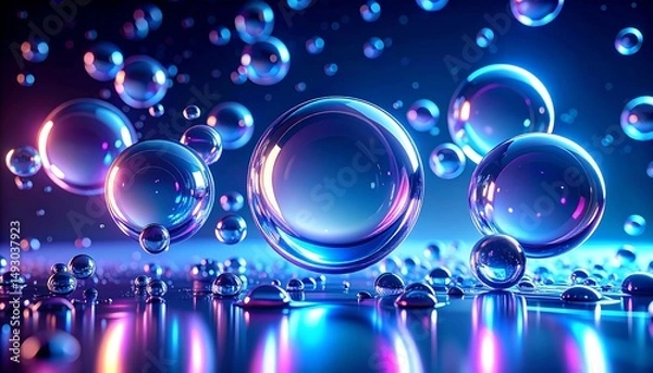 Fototapeta Zoomed View of Water Droplets Mid Air in a Modern Graphic Style with Neon Glow in Low Angle Perspective