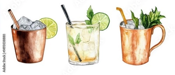 Fototapeta Watercolor Illustration of Three Refreshing Cocktails with Lime and Mint on White Background; Moscow Mule, Mojito, and Mint Julep
