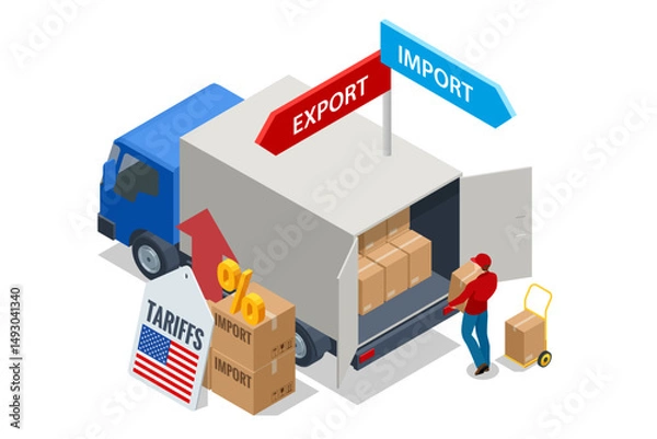 Obraz Isometric showing rising US import tariffs, affecting global logistics with plane, cargo ship, truck, and map route symbolising Import tariffs, trade war and economic conflict