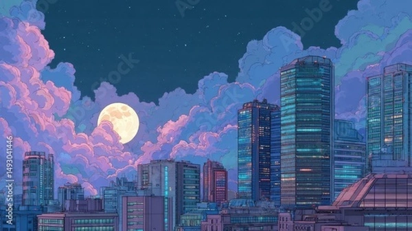 Fototapeta A stunning image of stunning image of night cityscape illustration in a neo-crisp anime style, featuring neon flat colors with a big moon and clouds hovering over skyscrapers.