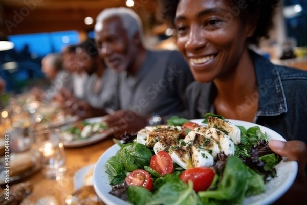 Fototapeta A joyful gathering of people with a focus on a smiling woman presenting a healthy salad, emphasizing the importance of shared meals and community in a warm atmosphere.