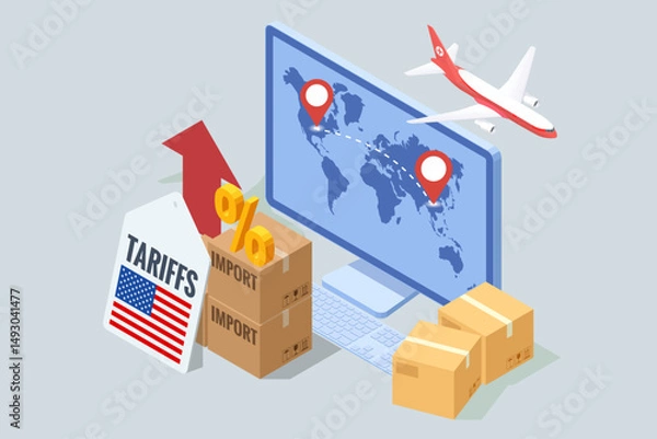 Obraz Isometric showing rising US import tariffs, affecting global logistics with plane, cargo ship, truck, and map route symbolising Import tariffs, trade war and economic conflict