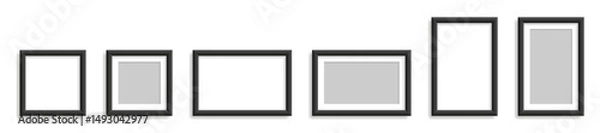 Obraz Set of black photo frames with shadows in various sizes and orientations, isolated on white background, realistic vector illustration.