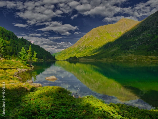 Fototapeta View on Obersee lake and mountains above Defereggental valley on a summer day