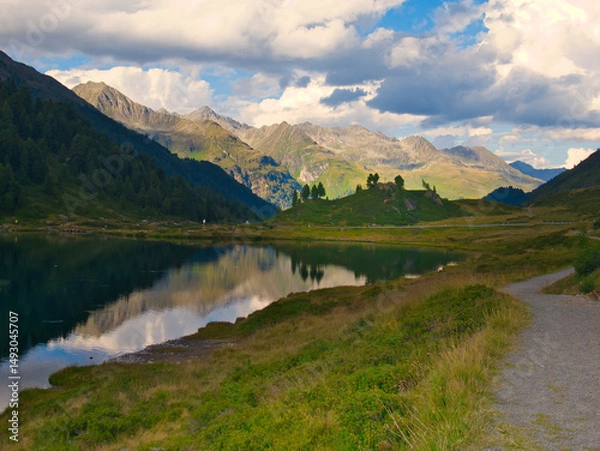 Fototapeta View on Obersee lake and mountains above Defereggental valley on a summer day