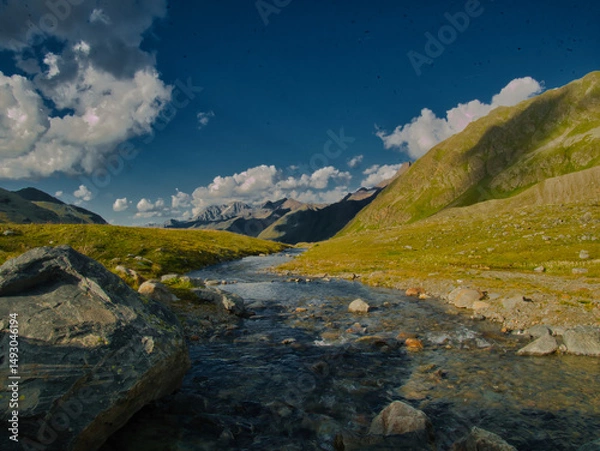 Fototapeta View from a Weissee lake to the Kaunertal valley on a summer evening