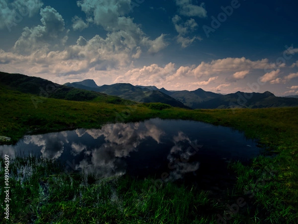 Fototapeta Mountain lake near Saalbach Hinterglemm Leogang ski resort during summer day