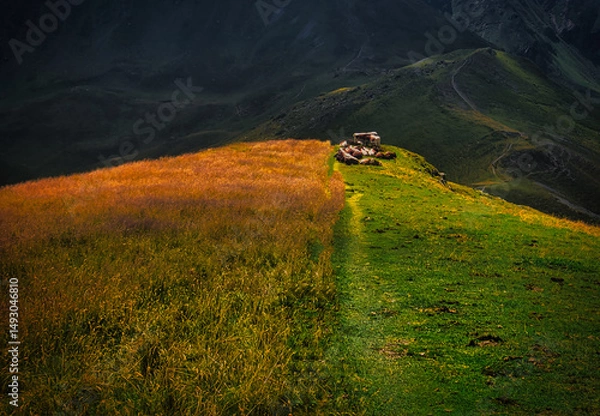 Fototapeta Cows in mountains near Saalbach Hinterglemm Leogang ski resort during summer day , Creative post processing