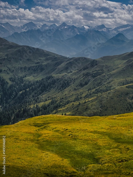 Fototapeta View on High Tauern / Hohen Tauren natural park from mountains near Saalbach Hinterglemm Leogang ski resort during summer day