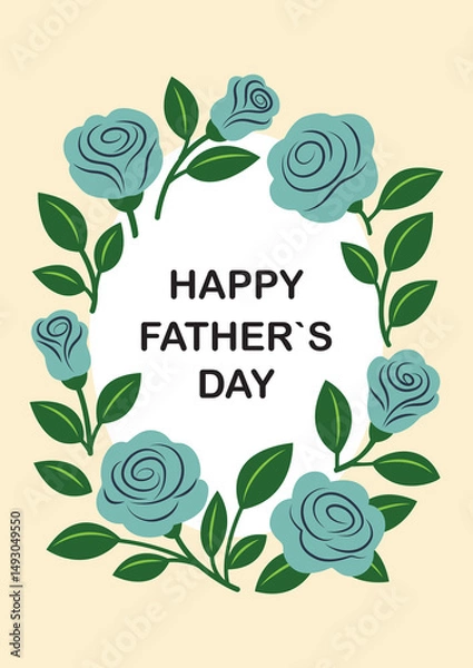 Obraz Father`s day card with blue roses frame, colorful isolated vector illustration in flat style, template for greeting cards, poster, invitation, print