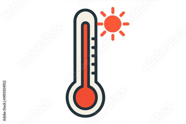 Fototapeta Bright red thermometer measuring high temperature beneath glowing sunlight on transparent backdrop