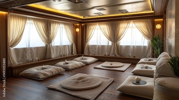 Fototapeta Luxurious meditation room aboard a yacht.  Spacious, serene, and minimalist design with plush seating and large windows