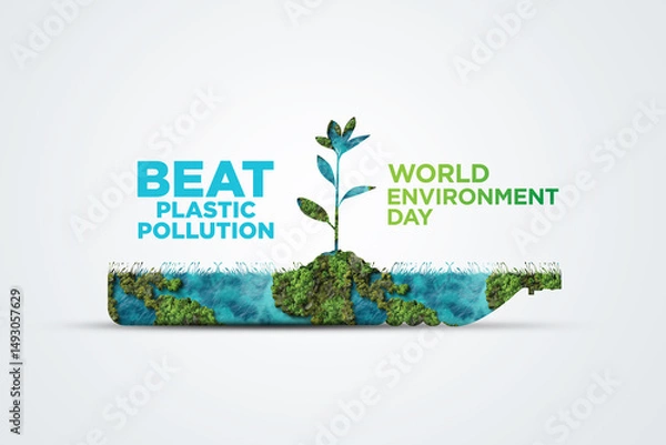 Fototapeta #BeatPlasticPollution, World Environment day concept 2025 3d tree background. 