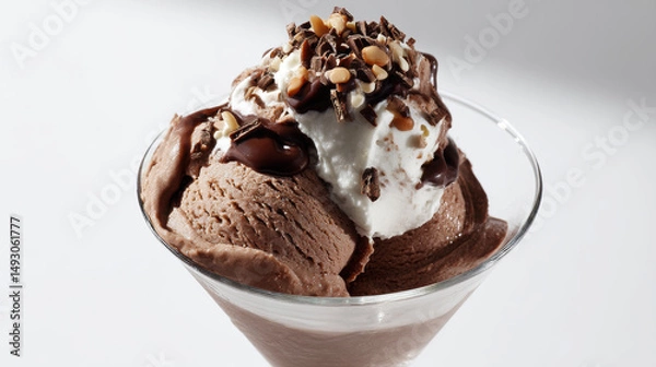 Fototapeta Decadent chocolate ice cream topped with whipped cream, chocolate syrup, and nuts creates delightful dessert experience
