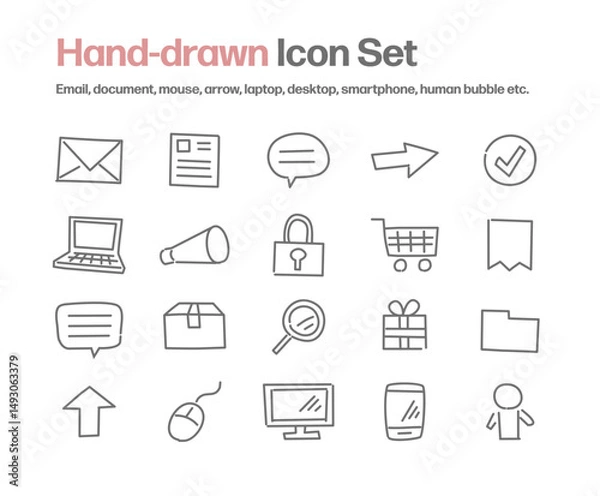 Obraz フリーハンド手書きアイコンセット：Email,書類,パソコン,吹き出し,マウス,セキュリティ,通販,スマホ等