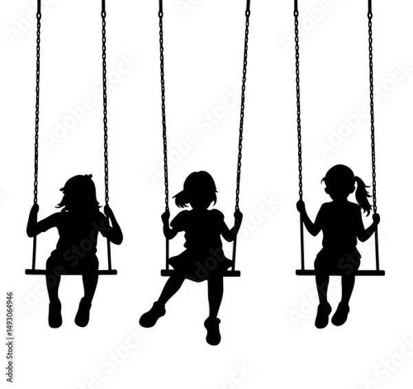 Fototapeta Male and female kids swinging in silhouette form make for a great symbol, logo, element, sign, mascot, or addition to various designs