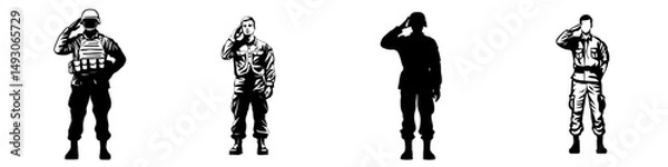 Fototapeta A black silhouette of a soldier saluting is set against a white background and is depicted wearing a hat