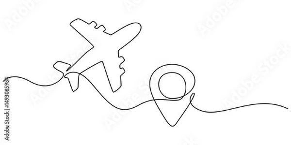 Obraz Airplane travelling continuous one line draw with map pin location, Continuous line drawing of aircraft flight routes and airport destinations. airplane line path icon of airplane flight route.