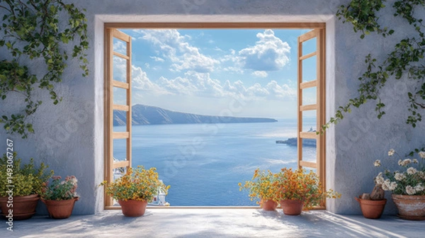 Fototapeta Balcony view of the sea from Oia town in Santorini, framed in a beautifully artistic scene