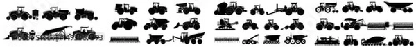 Fototapeta A collection of farming equipment icons, including tractors, harvesters, and crop dusters, used for agricultural work in fields, presented in a flat and isolated style