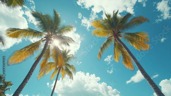 Fototapeta Bright tropical beach scene with swaying palm trees and fluffy clouds, ideal for tourism and open design space