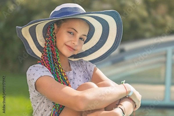 Obraz Happy cute little girl is posing in a straw hat at the garden . Horizontally. 