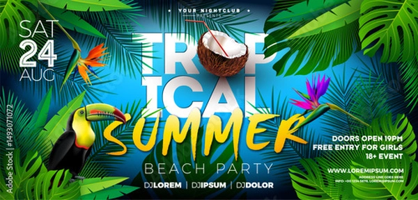 Fototapeta Summer Party Flyer Design with Flower, Tropical Palm Leaves and Toucan Bird on Blue Background. Vector Summer Beach Celebration Design Template with Floral Elements, Plants and Typography Letter for