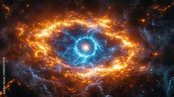 Obraz Electric sparks burst from generator, blue streaks and radiant light pierce the darkness.

