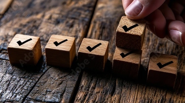Fototapeta Completing checklist with wooden blocks step by step success visualized on rustic surface close up