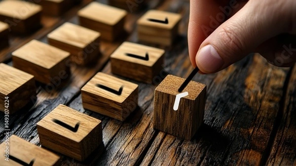 Fototapeta Completing the vision Hand drawing a checkmark on a wooden block symbolizing achievement with warm